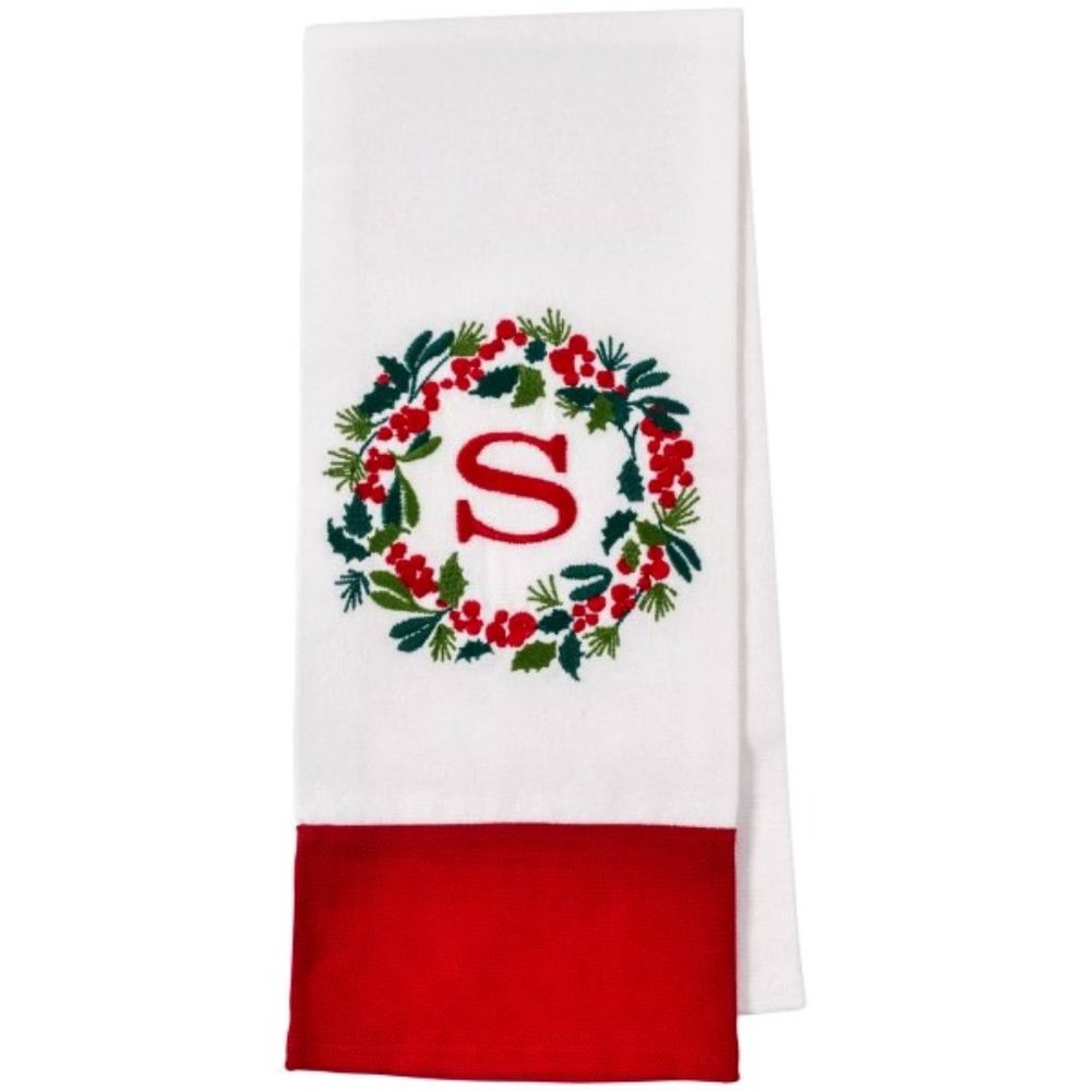 🎄NWT Bee & Willow Embroidered Holiday Wreath Monogram "S" Towel